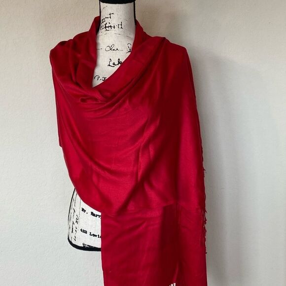 Red Shawl with Fringe on Ends - Picture 3 of 6